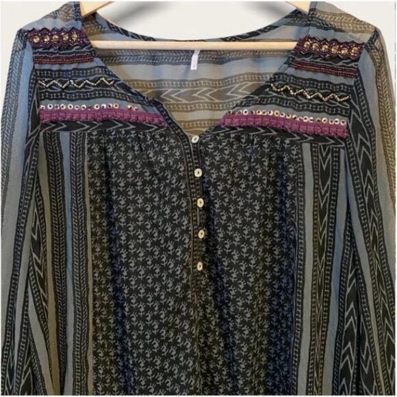 FREE PEOPLE Feather in the Wind Grey Black Sheer Long Sleeve Boho Blouse Beads S - Picture 6 of 13